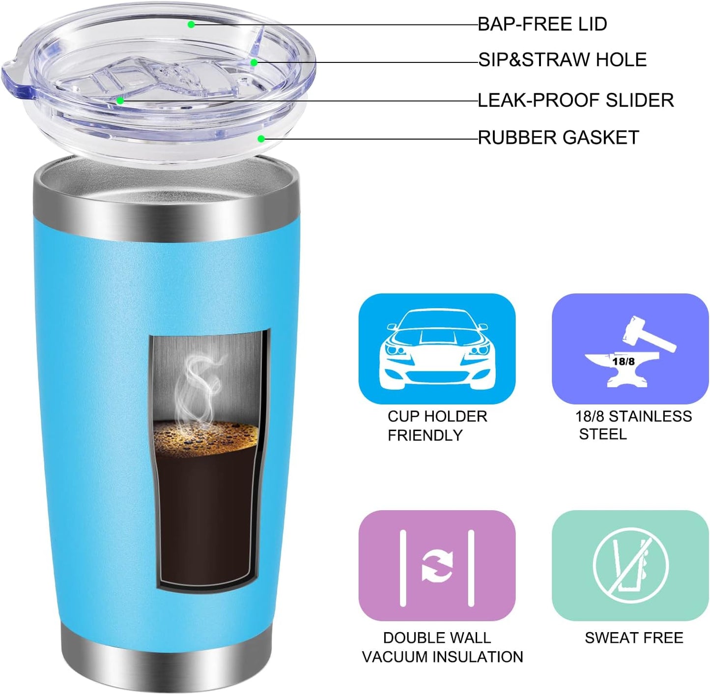 VEGOND 20oz Tumbler with Lid and Straw Stainless Steel Tumbler Cup Bulk Vacuum Insulated Double Wall Travel Coffee Mug Powder Coated Coffee Cup(Sky Blue 6 Pack