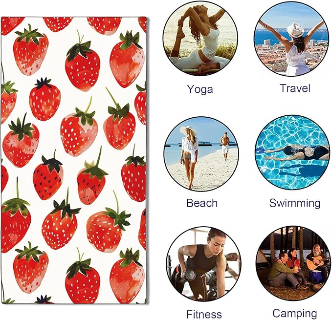 Strawberries Pattern Beach Towel Extra Large 36" x 72", Thin Lightweight Microfiber Towels with Fruit Design, Sand Free and Quick Dry, Compact Bag