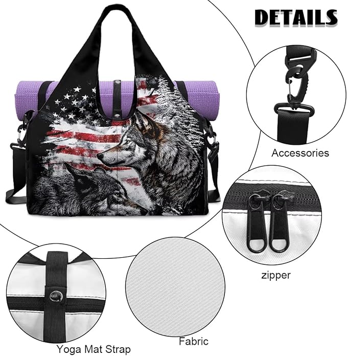 American Flag Wolf Sports Duffel Bag for Men Portable Lightweight Gym Bag with Shoe Compartment and Yoga Mats Holder Zipper Pockets Fitness Stylish Workout Bag for Gym Travel Weekender