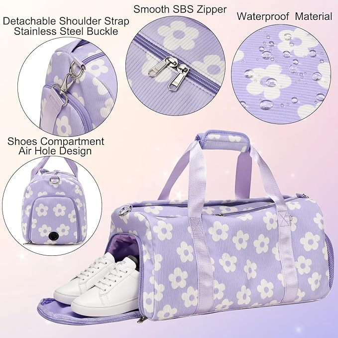 Duffle Dag Dance Dag Teen Girl Gym Bag Ballet Bag Sports Duffle Dag Corduroy Overnight Bag with Shoe Compartment and Dry Wet Pocket,Cute Birthday Gifts(Purple)
