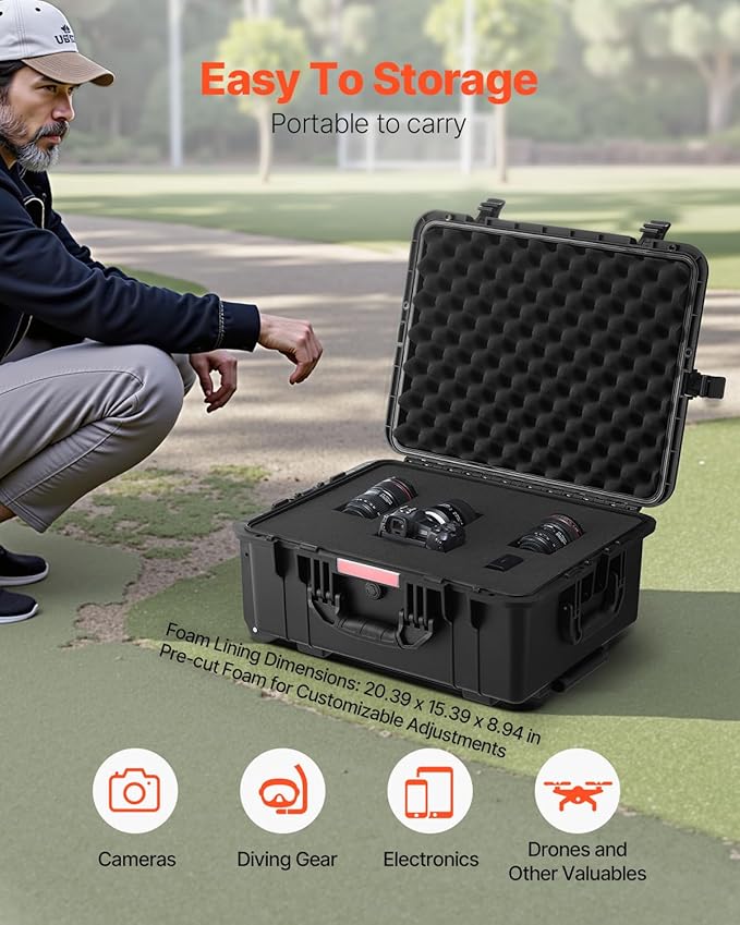 VEVOR Weatherproof Hard Case, Heavy Duty Protective Dry Box with Pre-Cut Foam, Wheels & Retractable Pull Handles for Travel, Hunt, Military, Tactical, IP67 Waterproof Case for Cameras(57x45x28)