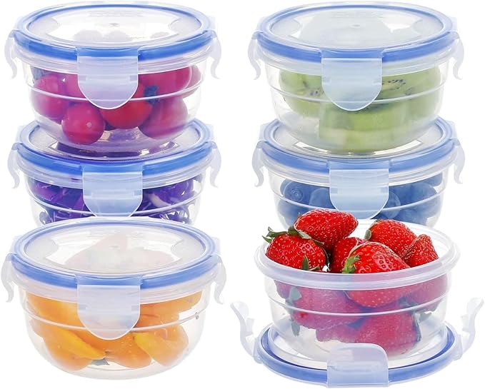 KIGI Round Food Storage Containers with Lids, Leak Proof Small Plastic Bowls for Soup, Snacks, Puree, Meal Prep and Lunch, 4-Sided Locking Lid, BPA-Free,10 oz / 1.25 Cup,12 Piece Set