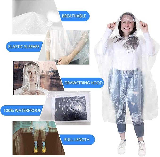 Rain Ponchos, Emergency Disposable Rain Poncho with Drawstring Hood&Waterproof Plastic for Adults&Teens