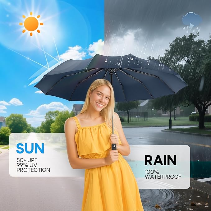 Travel Compact Umbrella, Folding Travel Umbrella for Rain and Shine Small, Windproof Automatic Open/Close, Portable Umbrellas