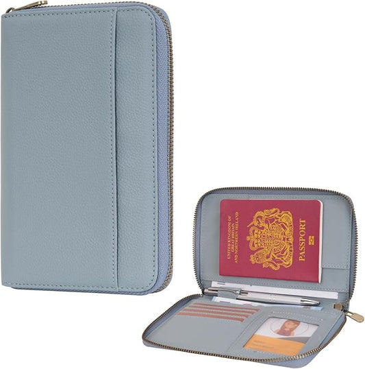 WASON Leather Zipper Travel Passport Wallet Holder RFID Blocking Cover, Passport case Pocket Slot for Card, Cash, ID, Boarding Pass and Ticket for Men, Women and Family Trips (Blue)