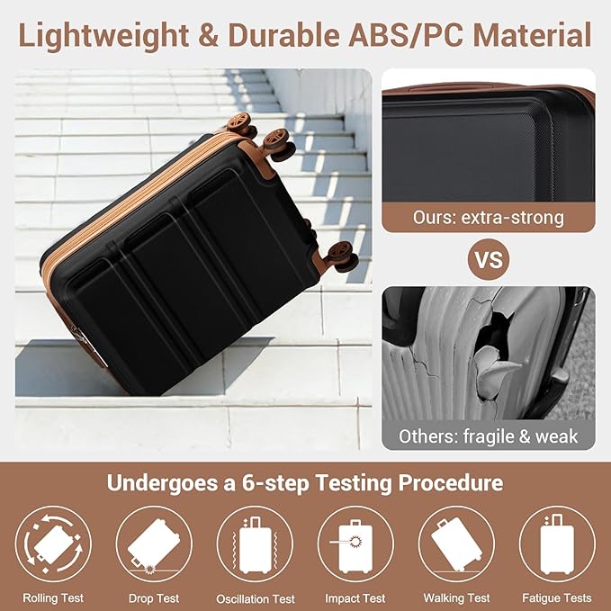 Kono 3 Piece Luggage Sets Expandable with Spinner Wheels TSA Lock Lightweight PC+ABS Hardside Travel Rolling Suitcases 20in 24in 28in Carry on Apricot Black