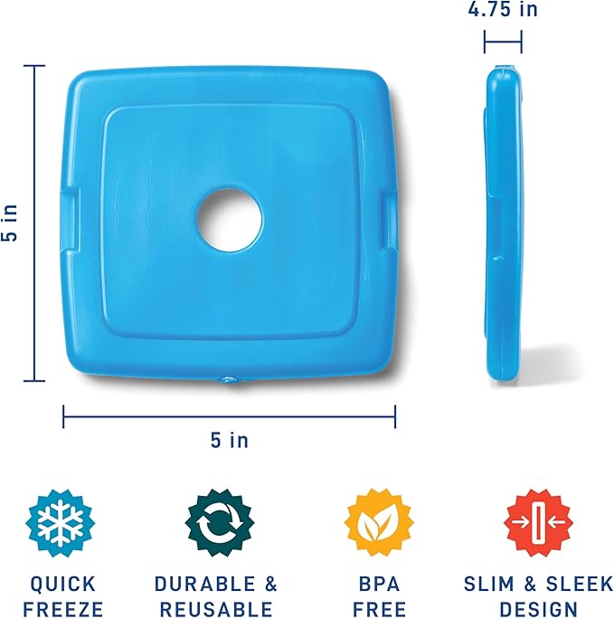 Cool Coolers by Fit + Fresh, 4 Pack Slim Ice Packs, Space Saving Reusable Ice Packs for Lunch Boxes or Coolers, Blue, Single Pack