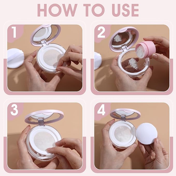 2 Pcs Loose Powder Container with Puff Refillable Plastic Empty Travel Compact with Mirror Portable Empty Makeup Powder Container Loose Compact Case (Pink Silver)