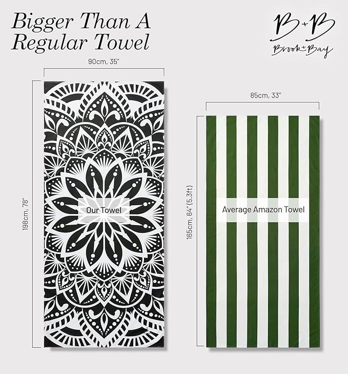 Brook + Bay Sand Free Beach Towel, Compact Beach Towel, 35"x78" Beach Towels - Oversized, Sandproof, Light Weight Beach Towel in a Bag - Mandala