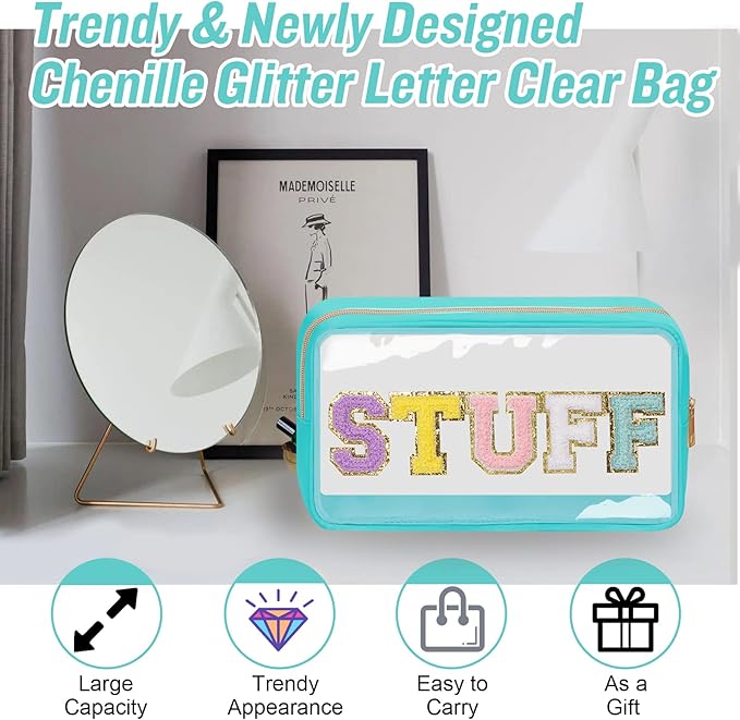 Chenille Letter Clear Makeup Bags Stuff Pouch, Preppy Patch Makeup Bag with Zipper, Transparent PVC & Nylon Waterproof Portable Glitter Cosmetic Bag Travel Toiletry Storage for Women Girl(STUFF-Green)