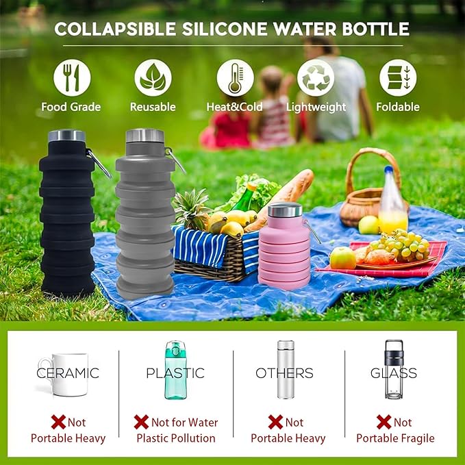 Collapsible Water Bottles,16oz Capacity Portable Reusable Silicone Water Bottle,Leak-proof,with buckle,foldable storage,Lightweight Durable for Fitness,Cycling,Sports,Camping,Hiking (Green+Green)