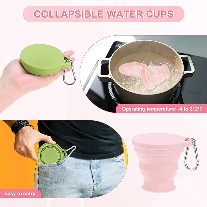 4 Pack Collapsible Travel Cup, 6oz(180ml) Silicone Portable Foldable Water Cup Bottle with Spring Buckle for Travel/Camping/Hiking, Reusable [Light Gray]