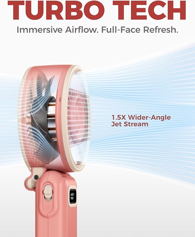 Diveblues Portable Turbo Fan, 7.4m/s High Speed Handheld Fan, 180° Foldable 4-in-1 Personal Neck Fan with Carabiner Clip, 100 Speed Stepless Control, USB-C Rechargeable for Travel, Makeup Hot Flashes