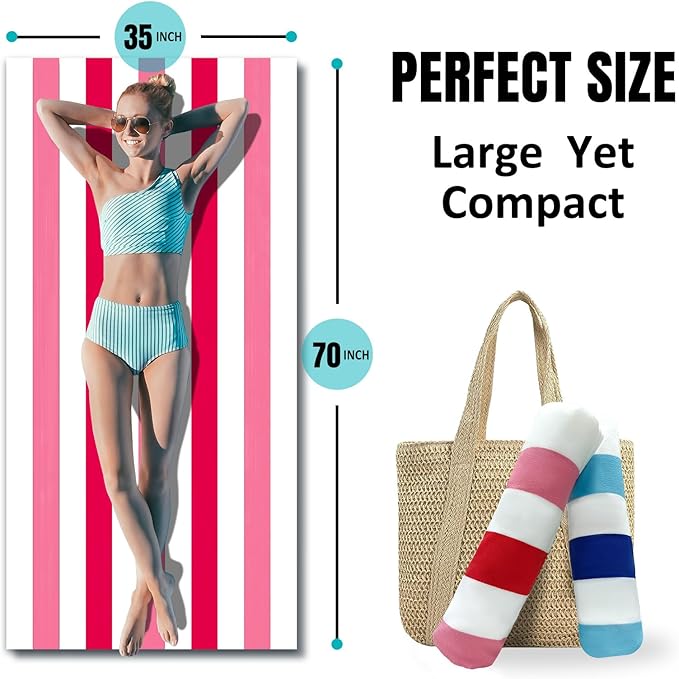 cabanana Large Oversized Beach Towel - Microfiber Sand Free 35 x 70 Inch Quick Dry Lightweight Pool Towel for Adults, Thin Striped Swim Towel (Pink)