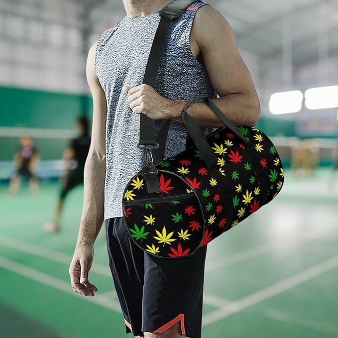 Foldable Gym Bag Rasta Flag Red Yellow Green Jamaican Weedleaf Leaves Black Lightweight Travel Sports Bag Carry On Weekender Overnight Bags Beach Yoga Bags