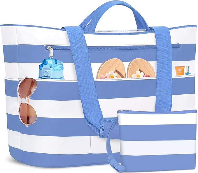 BKNOOU Extra Large Beach Bags Waterproof Sandproof XL Beach Tote Bag for Women Zipper Foldable Swim Pool Bag with Wet Pocket