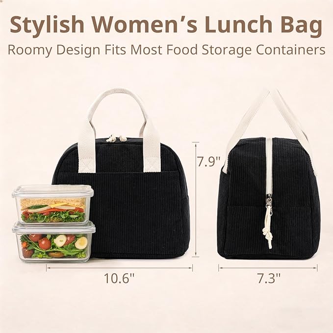 Insulated Lunch Bag for Women Men, Stylish Corduroy Tote Bag with Aluminum Lining, Large Capacity Reusable Cooler for Work, Travel, or Beach, Lunch Box