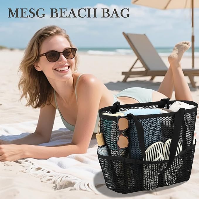 Fammart Mesh Beach Bag for Women, Summer Straw Tote Hobo Pool Bags with Zipper Pocket, Travel Vacation Cruise Essentials 2026