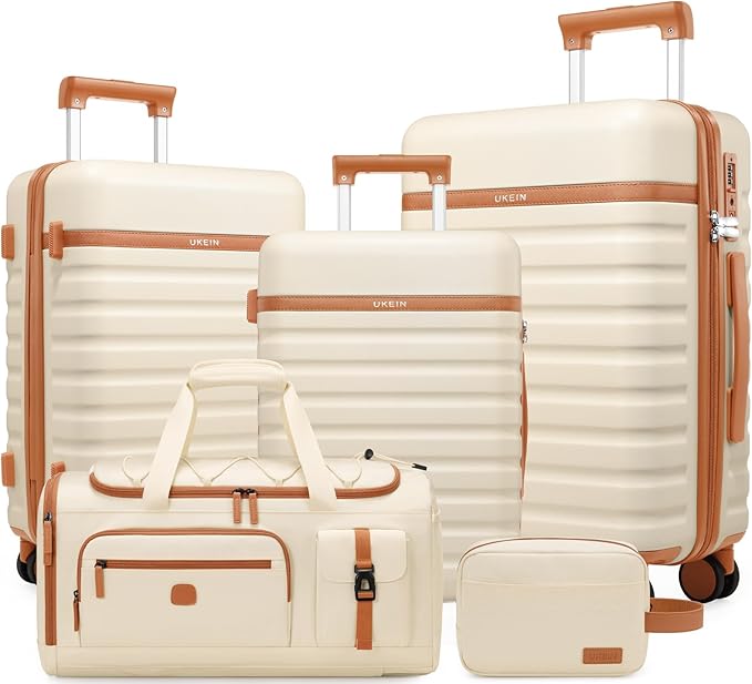 Luggage Sets 5 Piece, Carry On Luggage 20In With Spinner Wheels, Hardside Suitcase Set with TSA Lock,Durable Checked Large Suitcase With Travel Backpack for Men- 20in/24in/28in (Beige, 5 piece set)
