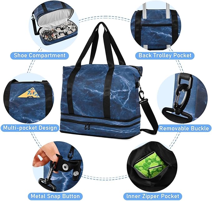Travel Duffel Bags for Women Blue Marble Print Sports Duffel Bags Gym Bags with Shoes Compartment Tote Bag Weekender Bag for Travelling