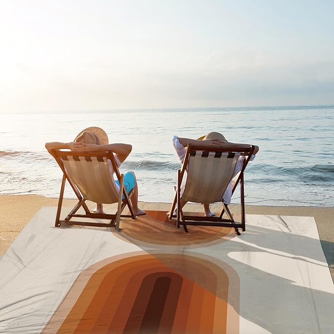 BEW 9 ft×10 ft Extra Large Waterproof Sandproof Beach Blanket for 8 Adults, Beach Mat with 4 Stakes, 210T Polyester Foldable Picnic Blanket for Travel, Hiking, Orange Arches (BB-118-Boho-Arches)