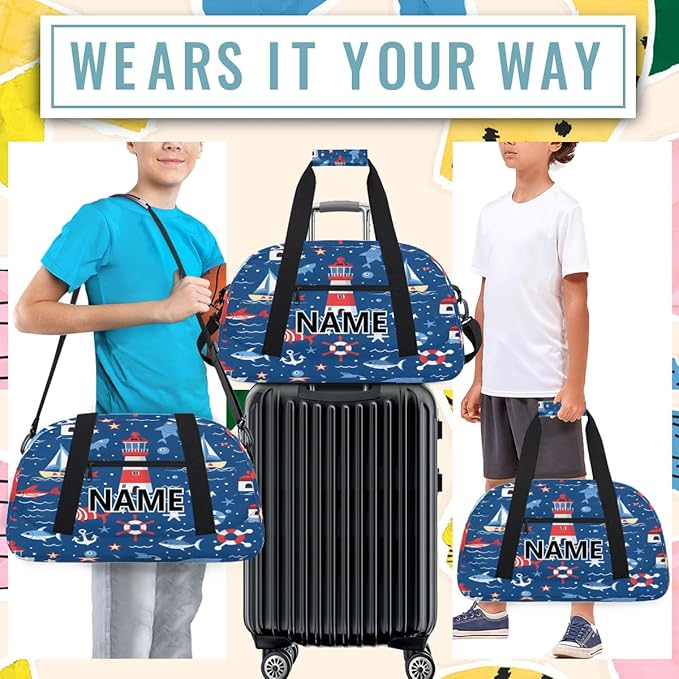 Nautical Coastal Mini Gym Bag 18 inch for Women Men Waterproof Custom Fish Ship Lighthouse Travel Duffel Bag Carry On Overnight Tote Nurse Bag for Work Fitness Hiking