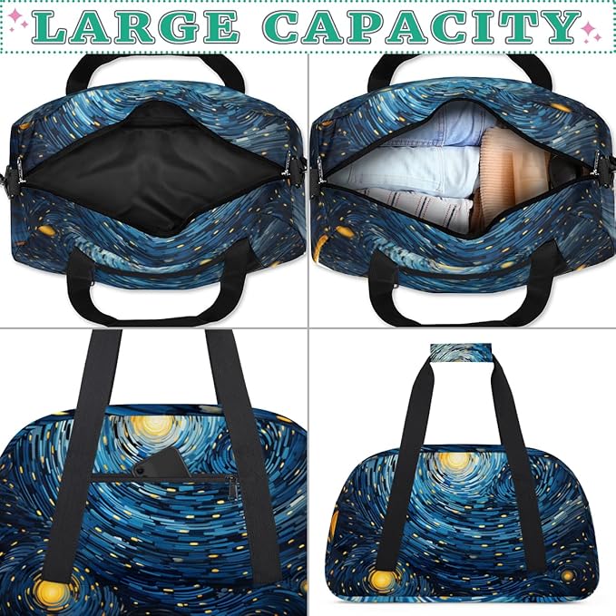Starry Night Gym Travel Duffle Bag for Women & Men with Front Zipper Pocket for Sports, Overnight, Weekender, Carry On,Workout & Dance Bag,Stars Sky,18.9 * 8.7 * 10.6 in