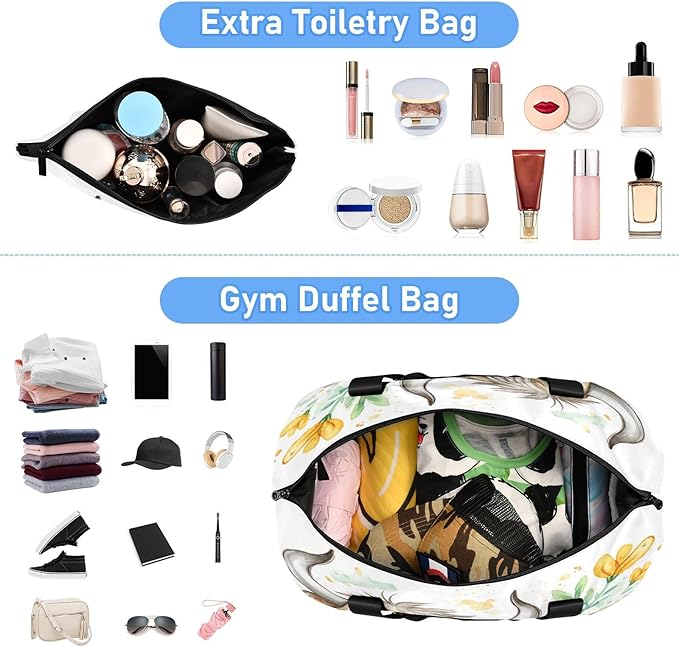 Travel Duffel Bags for Women Cute Cartoon Yak with Wildflowers Sports Duffel Bags Gym Bags with Shoes Compartment Tote Bag Weekender Bag for Travelling
