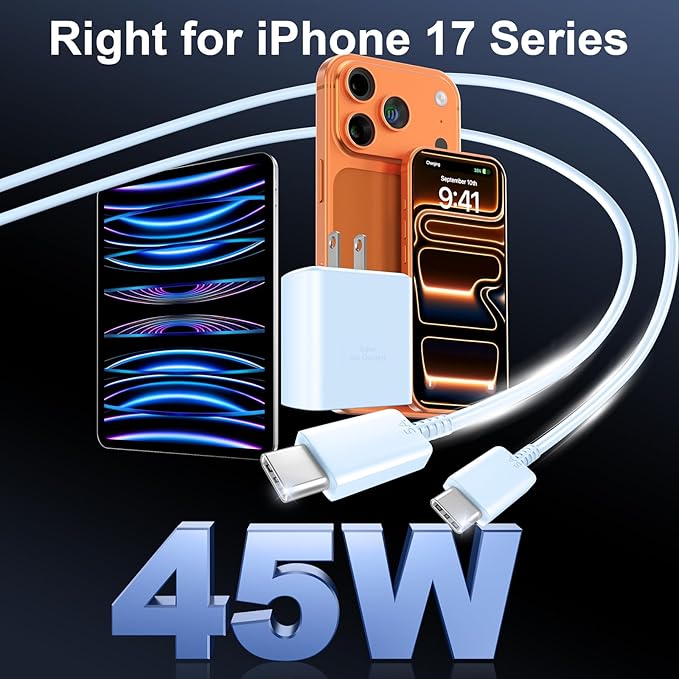 Phone 17 16 Pro Max Charger Fast Charging, 45W USB C Phone 17 16 Super Fast Charger Block with 10ft Long Type C Charging Cable Cord for i.Phone 17 Pro Max/17 Pro/17 Air/17/16/16Pro/ProMax-White+Blue