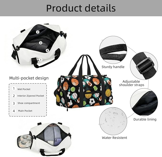 Soccer Rugby Basketball Baseball Sports Gym Bag For Men Women Travel Duffel Bag With Shoe Compartment Water Resistant Gym Bag Carry On Duffel Bag For Yoga Gym Sports Weekend Traveling