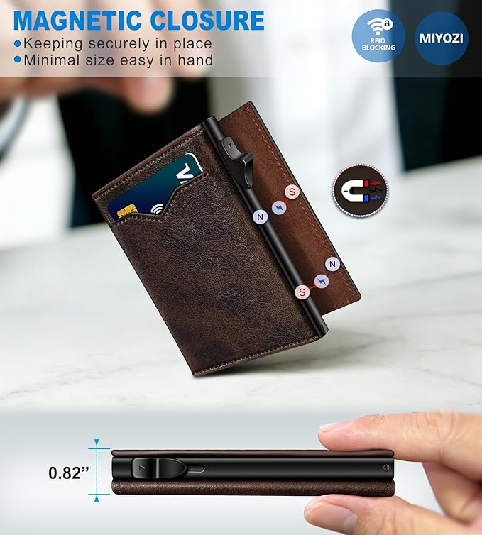 Wallet for Men,with Cash Pocket 2 ID Window 9-13 Cards,Metal Case Smart Slim Pop Up Credit Card Holder Flip with Magnetic Closure RFID Blocking Trifold wallet with Gift Box