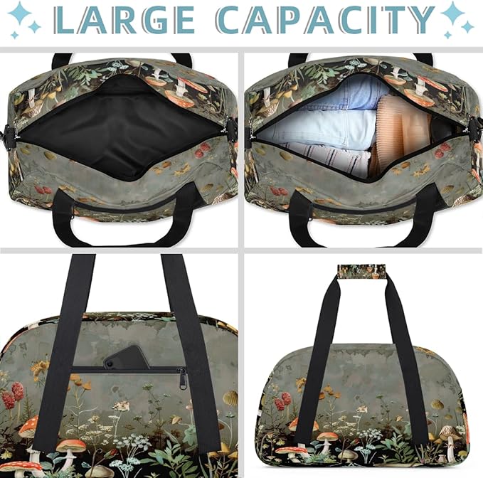 Vintage Mushroom Flowers Sports Duffel Bags, Water-Resistant Gym Duffle Bag for Men Women, Lightweight Weekender Overnight Bag for Fitness, Workout, Travel