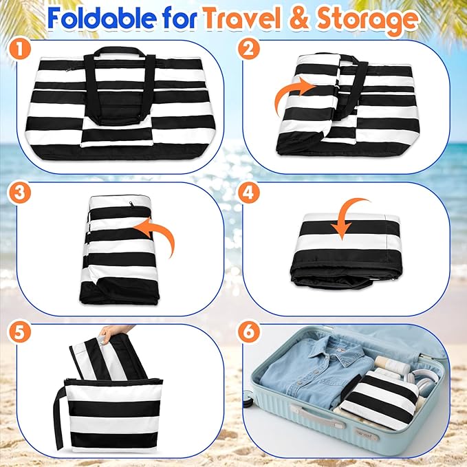 BKNOOU Extra Large Beach Bags Waterproof Sandproof XL Beach Tote Bag for Women Zipper Foldable Swim Pool Bag with Wet Pocket