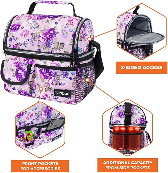 opux Lunch Bag Women Insulated, Adult Lunch Box Cooler, Flower Lunch Box, Dual Compartment Lunchbox for Work, Leakproof Double Decker Lunch Bag, Soft Lunch Pail Tote Girls Kids School, Floral Purple