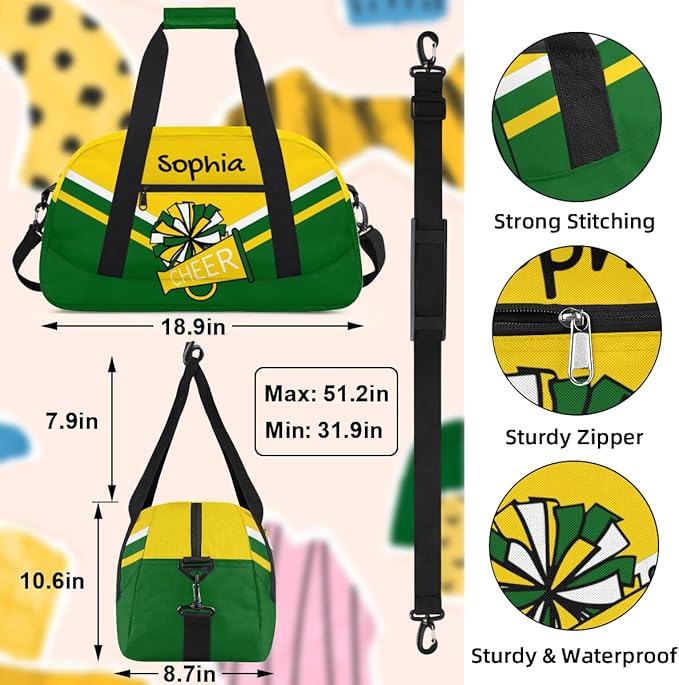 Personalized Yellow Green Cheer Bag for Cheerleaders, Custom Sport Gym Bag Dance Bag Travel Duffle Bag Cheerleading Gifts for Women