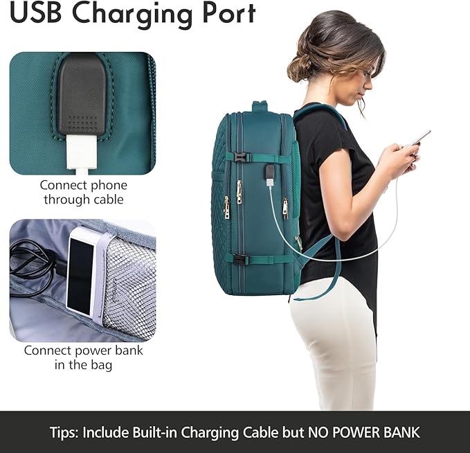 MOMUVO Large Travel Backpack Women, Flight Approved Carry On Backpack, Water Resistant Anti-Theft Large Casual Daypack Fit 17 Inch Laptop with USB Charging Port, Peacock Blue