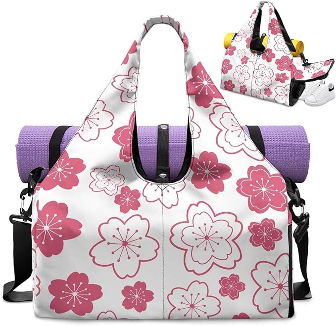 Pink Floral Workout Bag for Women with Yoga Mat Holder and Shoe Compartment Flower Gym Bag Water Resistant Gym Duffel for Swimming, Stylish Fitness Duffel Bag