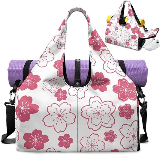 Pink Floral Workout Bag for Women with Yoga Mat Holder and Shoe Compartment Flower Gym Bag Water Resistant Gym Duffel for Swimming, Stylish Fitness Duffel Bag