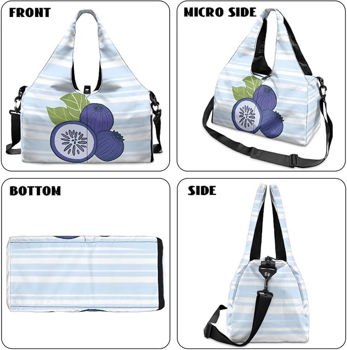 Blueberry Duffle Bag Women with Yoga Mat Holder Durable Blue Gym Bags for Women with Shoe Compartment, Waterproof Stylish Workout Bag Sports Travel Weekender