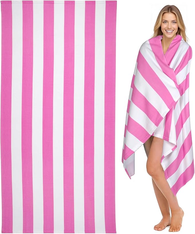 cabanana Large Oversized Beach Towel - Microfiber Sand Free 35 x 70 Inch Quick Dry Lightweight Pool Towel for Adults, Thin Striped Swim Towel (Pink White)