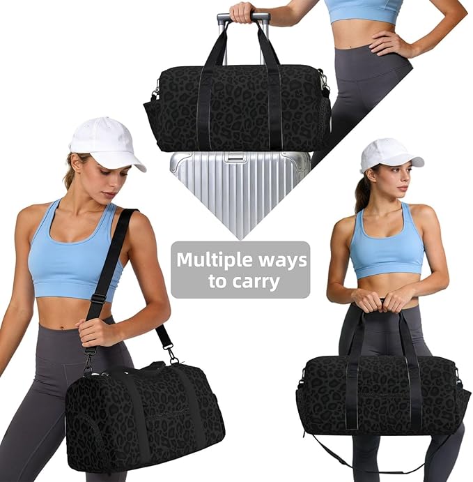 Black Gray Leopard Print Sports Gym Bag For Men Women Travel Duffel Bag With Shoe Compartment Water Resistant Gym Bag Carry On Duffel Bag For Yoga Gym Sports Weekend Traveling