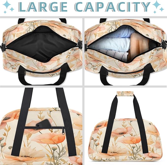 Sports Duffel Bags, Peach Poppy Watercolor Water-Resistant Gym Duffle Bag for Men Women, Lightweight Weekender Overnight Bag for Fitness, Workout, Travel