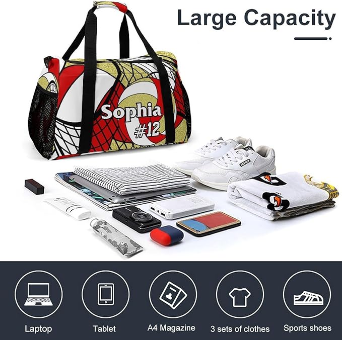 Custom Volleyball Red Gold Duffel Bag with Name Personalized Travel Bags Sport Gym Bag Carry On Weekender Bags for Men Women