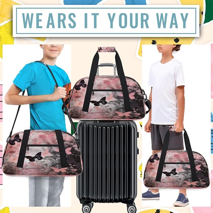 Duffle Bag for Women Men, Pink And Black Butterfly Gym Bag for Travel Sports, Lightweight Waterproof Weekender Overnight Bags with Adjustable Strap