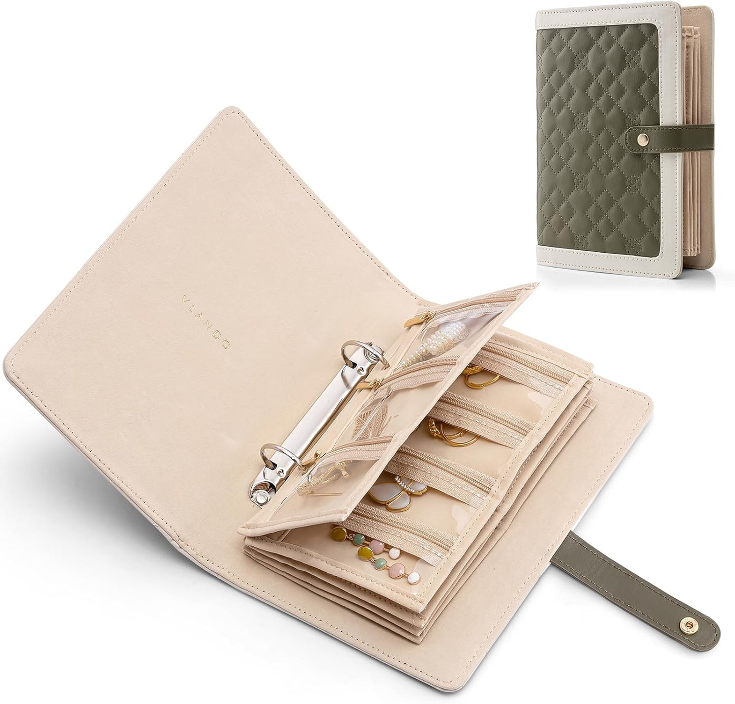 Vlando Travel Jewelry Organizer Case,Mom Gifts from Daughter,Jewelry Storage Book Ring Binder with Clear Zipper Velvet Jewelry Pouch Bag,Travel Essentials for Rings,Necklace,Earrings-Olive Green