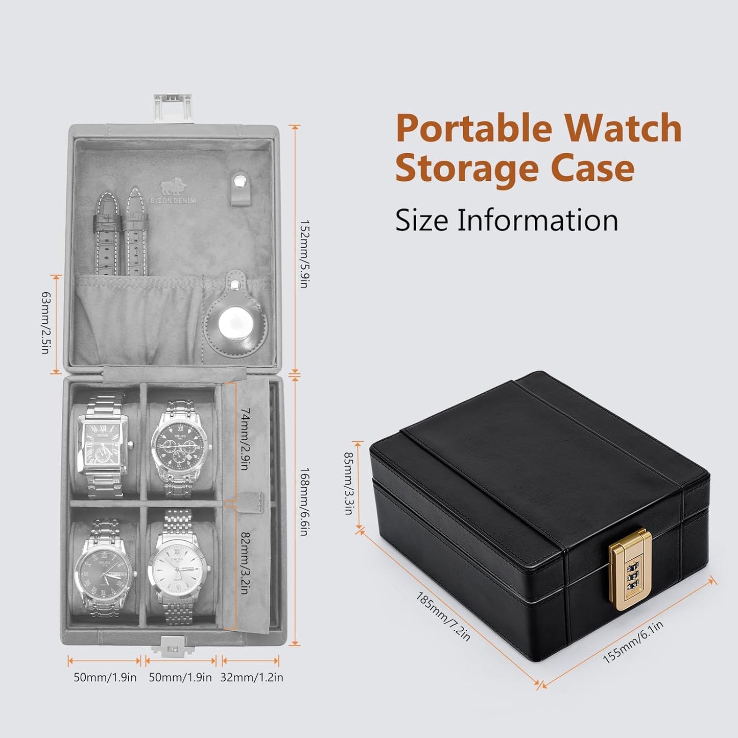 BISON DENIM Watch Box, 4 Watch Travel Case with Combination Lock - PU Leather Men's Watch Storage Box & Jewelry Organizer with Ring Slots & Necklace Hooks, Secure Travel Case, Black