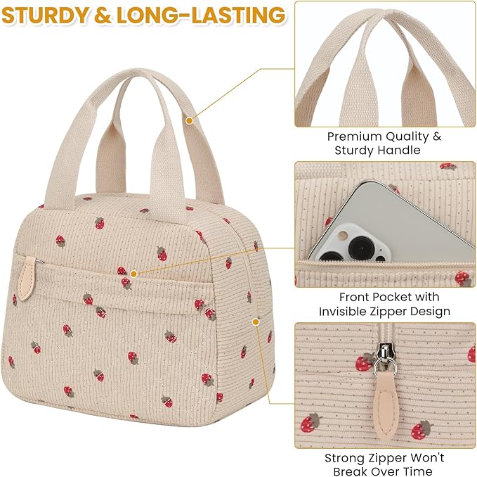 Insulated Lunch Bag for Women, Portable Lightweight Lunch Box for Adults, Reusable Small Lunch Tote Cooler Bags with Front Zipper Pocket for Work School Picnic(Corduroy Strawberry)