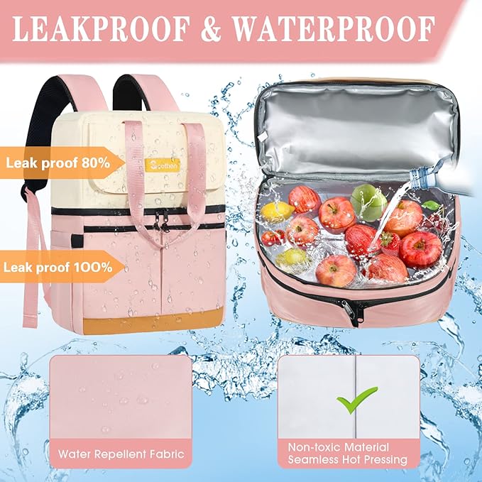 Backpack Cooler with Double Decker & 12 Ice Packs- Keeps 36 Cans Cold for Up to 24 Hours- Waterproof & Leak Proof Insulated Cooler Backpack- Stylish Cooler Bookbag for Women Travel Work Beach