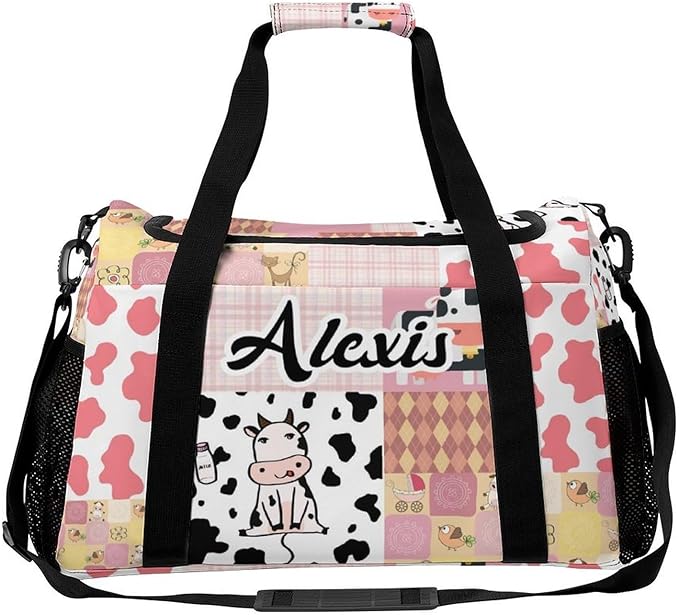 Custom Pink Red Plaid Patchwork Cow Duffel Bag with Name Adjustable Shoulder Strap Pack Handheld Crossbody Travel Bag for Teens Men Women