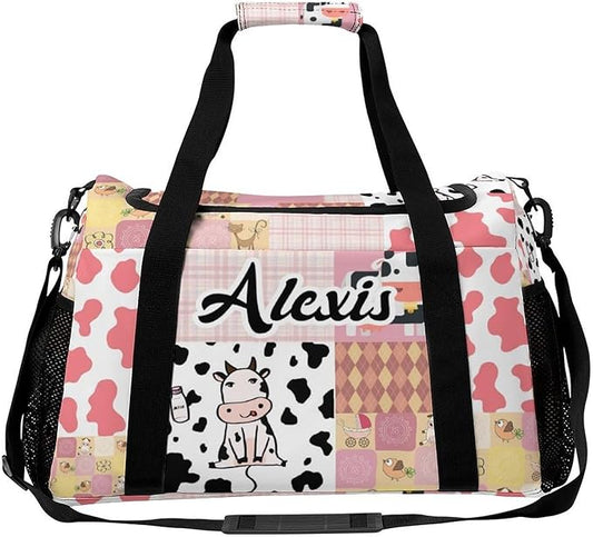 Custom Pink Red Plaid Patchwork Cow Duffel Bag with Name Adjustable Shoulder Strap Pack Handheld Crossbody Travel Bag for Teens Men Women
